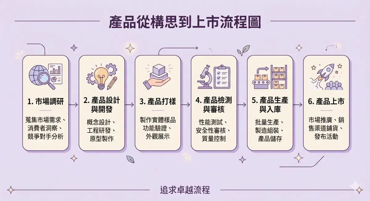 美妝產業產品經理需負責的工作內容,包括:1. 市場調研 2. 產品設計與開發3. 產品打樣4. 產品檢測與審核5. 產品生產與入庫6. 產品上市等等